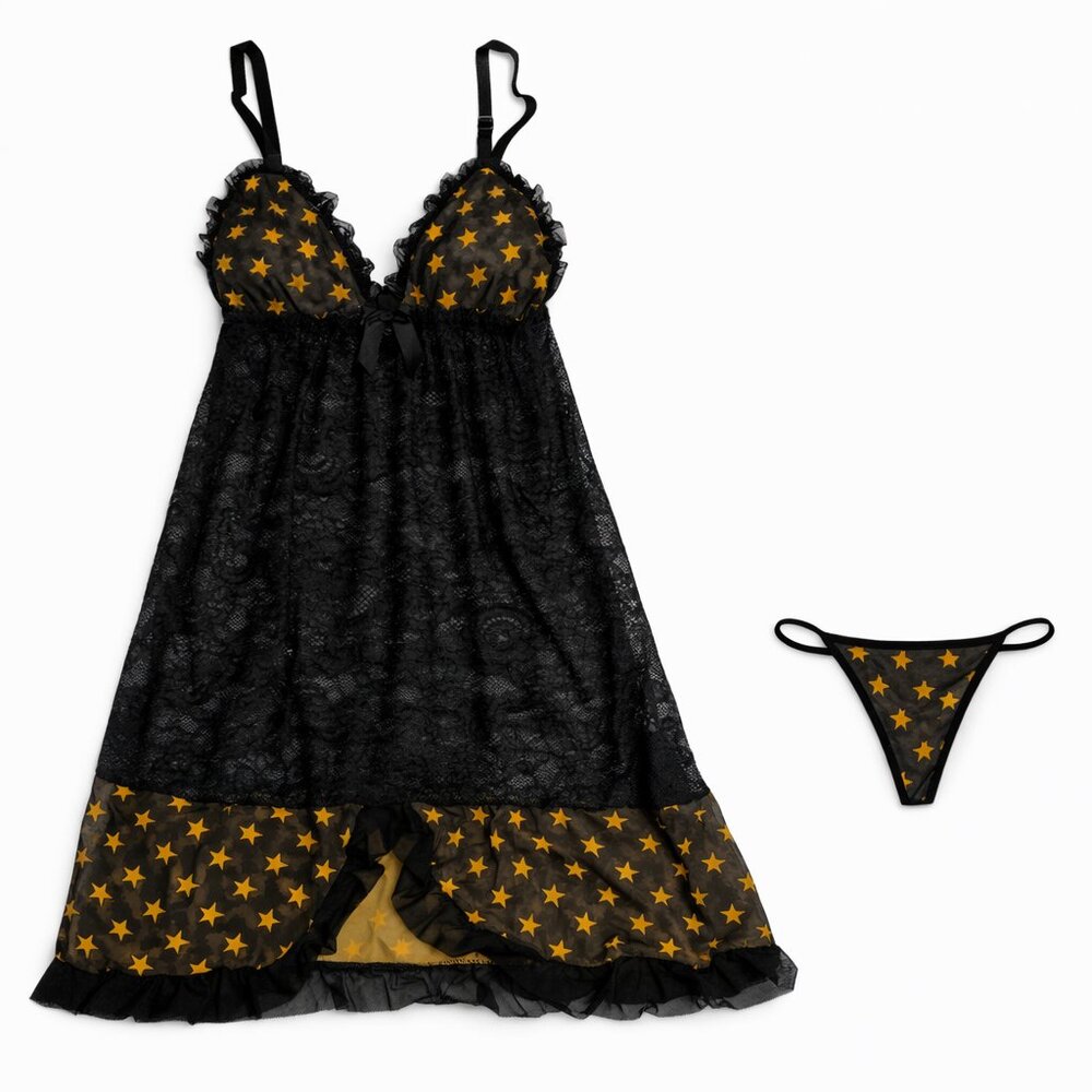 LS57 Sheer Lace Babydoll w/ G-String | Black/Gold | One Size